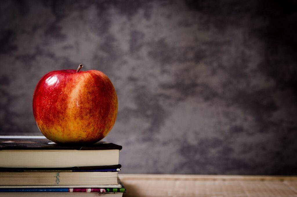 apple, books, classroom, red apple, fresh apple, fresh fruit, ripe, ripe apple, stack of books, delicious, fruit, apple, apple, apple, apple, apple, books