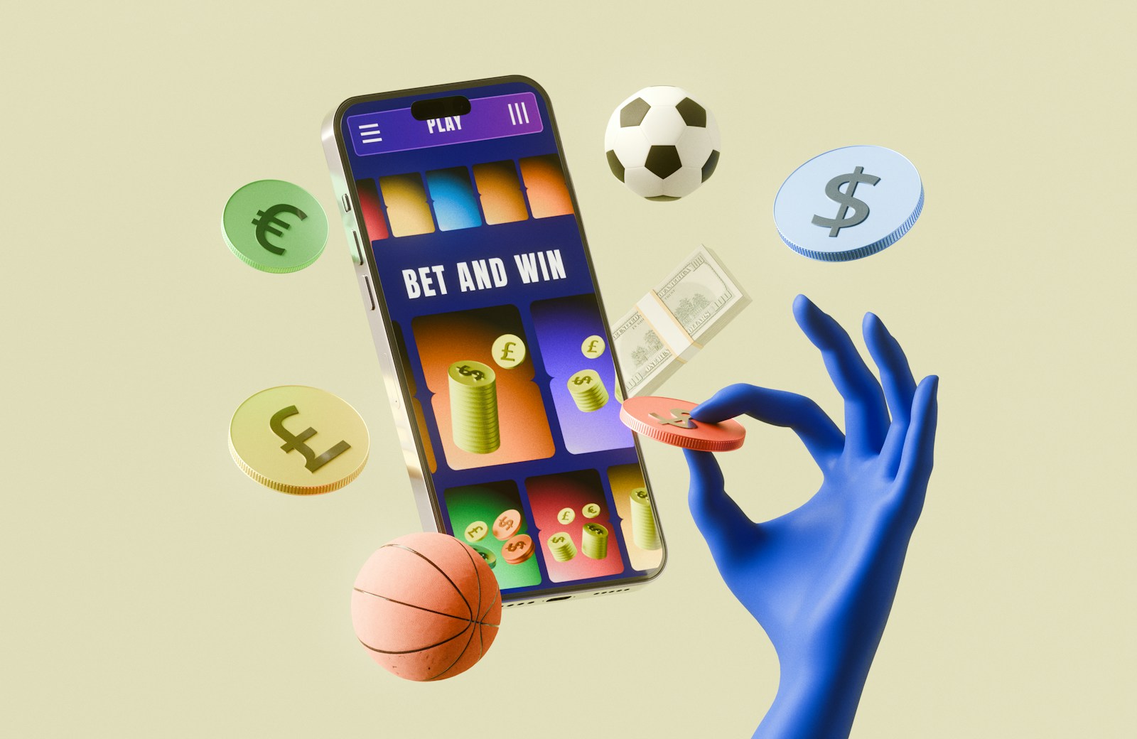 Online sports betting with smartphone, money, and game elements.