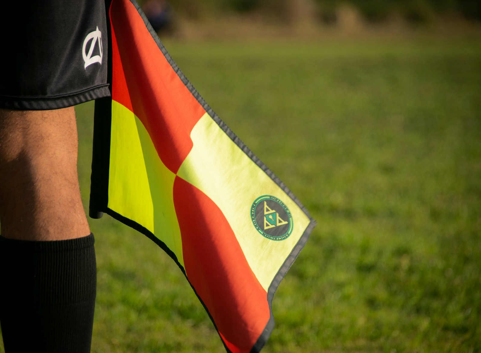 a soccer player holding a flag on a field