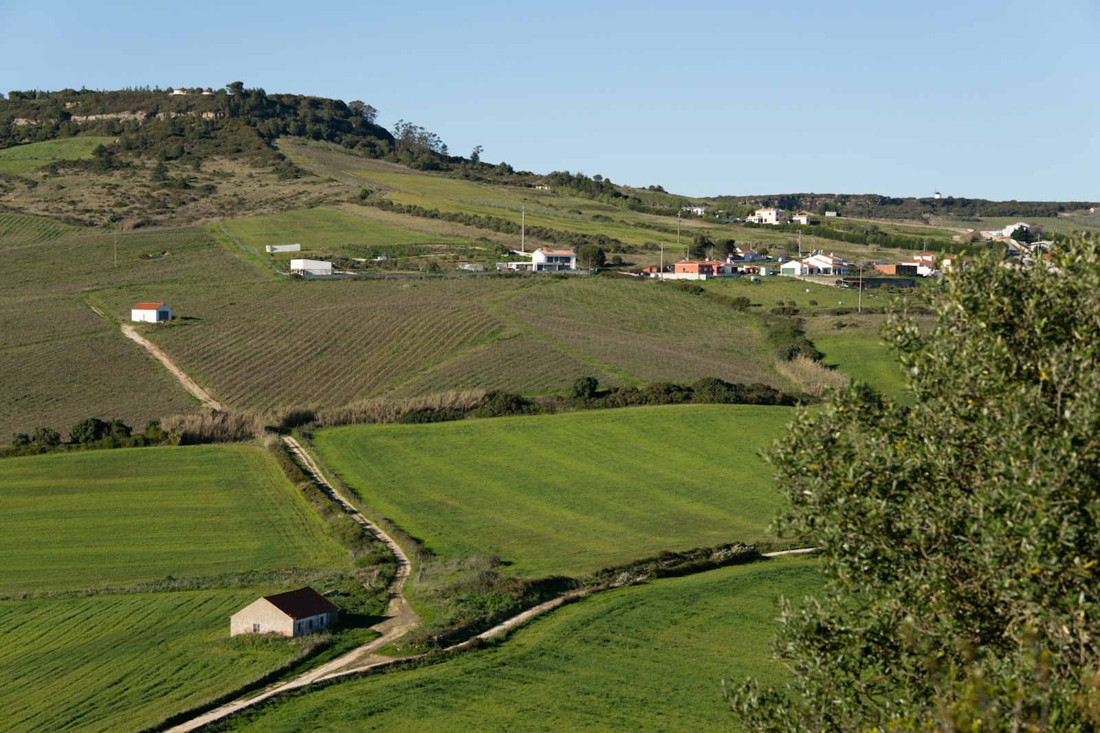 Green fields and a small village nestle on a hillside